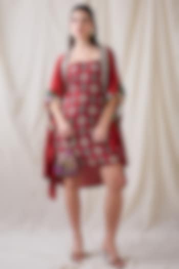 Red Linen Printed Jacket Summer Dress by Soup by Sougat Paul at Pernia's Pop Up Shop
