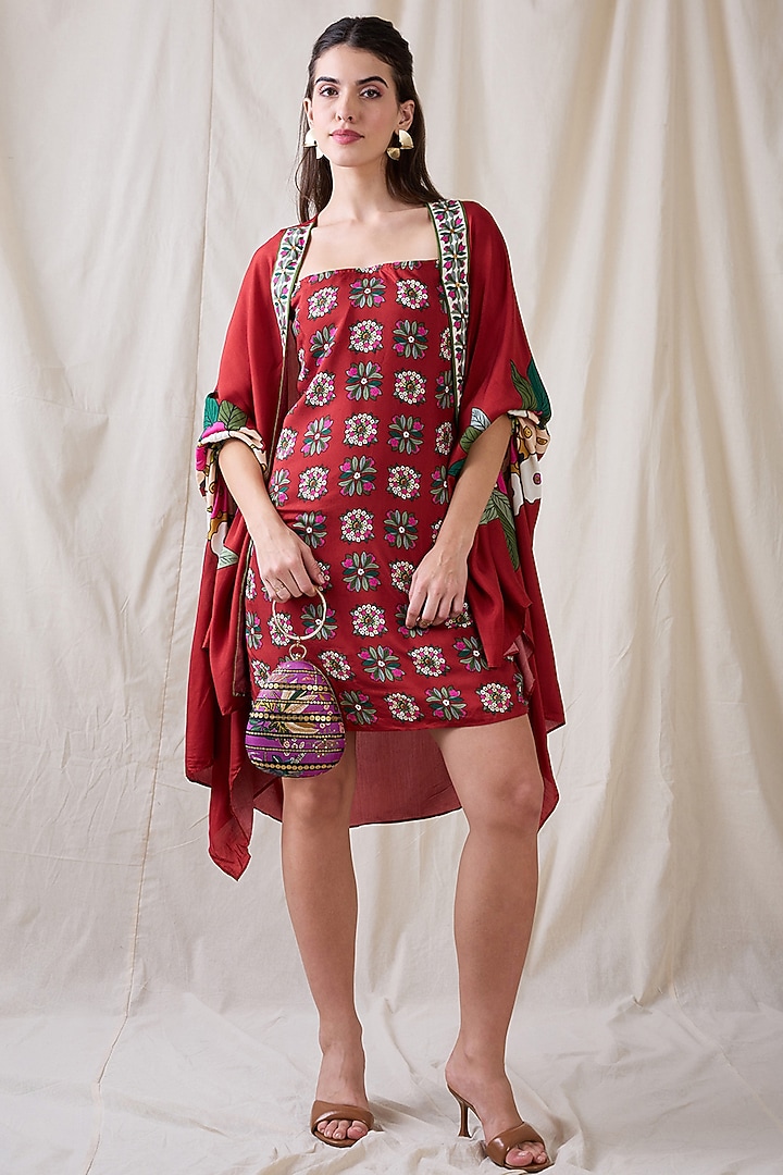Red Linen Printed Jacket Summer Dress by Soup by Sougat Paul at Pernia's Pop Up Shop