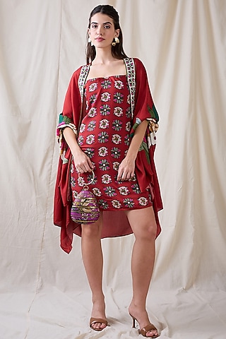 Red Linen Printed Jacket Dress by Soup by Sougat Paul