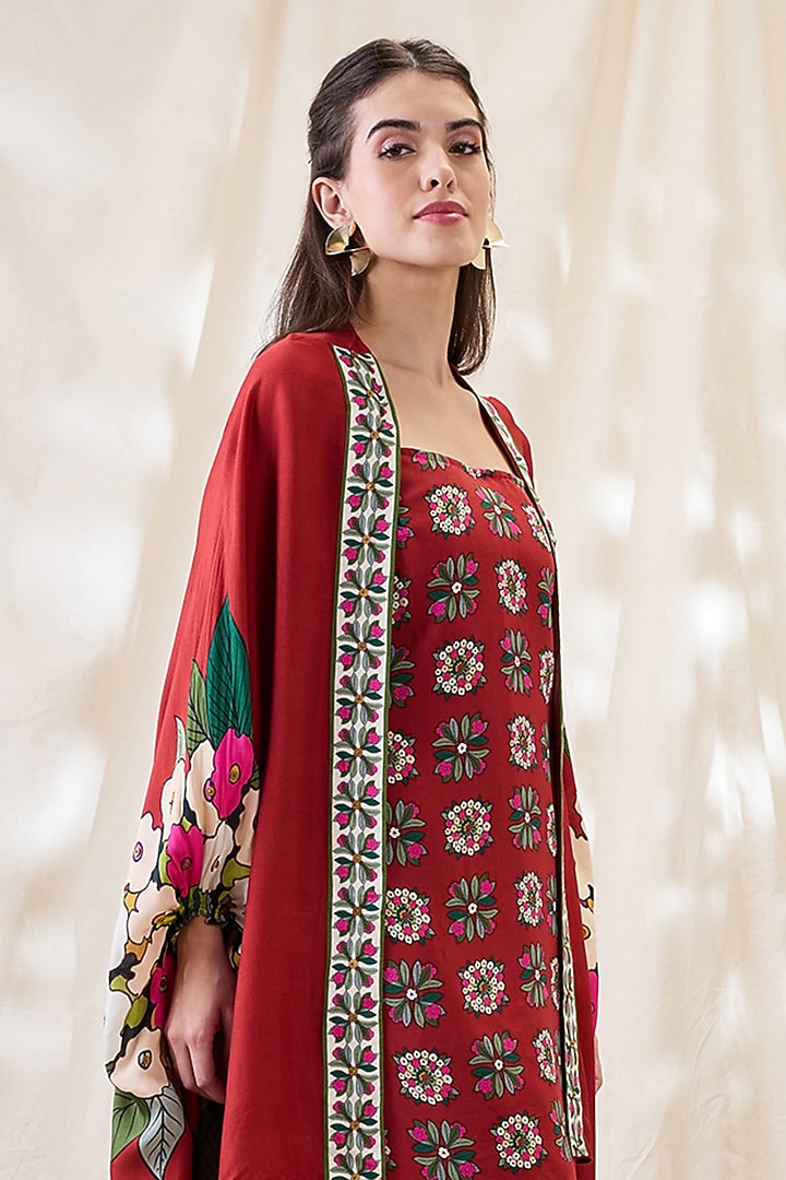 Red Linen Printed Jacket Summer Dress by Soup by Sougat Paul at Pernia's Pop Up Shop
