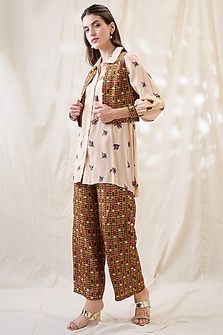 Beige Cotton Silk Embroidered Jacket Kurta Set by Soup by Sougat Paul