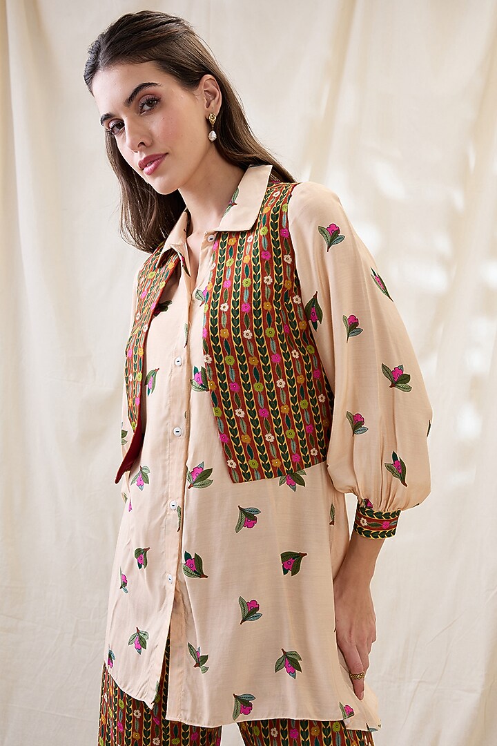 Beige Cotton Silk Embroidered Jacket Kurta Set by Soup by Sougat Paul at Pernia's Pop Up Shop