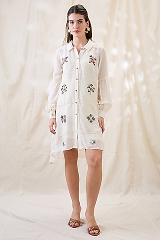 White Linen Embellished A-line Dress by Soup by Sougat Paul