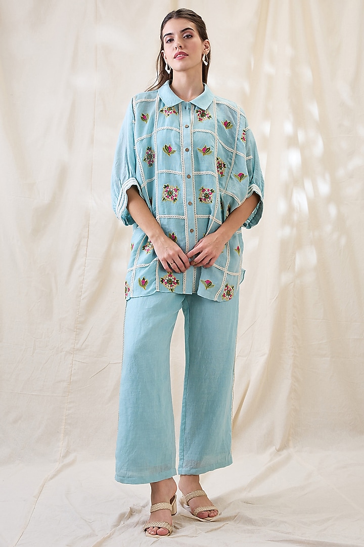 Blue Linen Applique Embellished Co-Ord Set by Soup by Sougat Paul at Pernia's Pop Up Shop