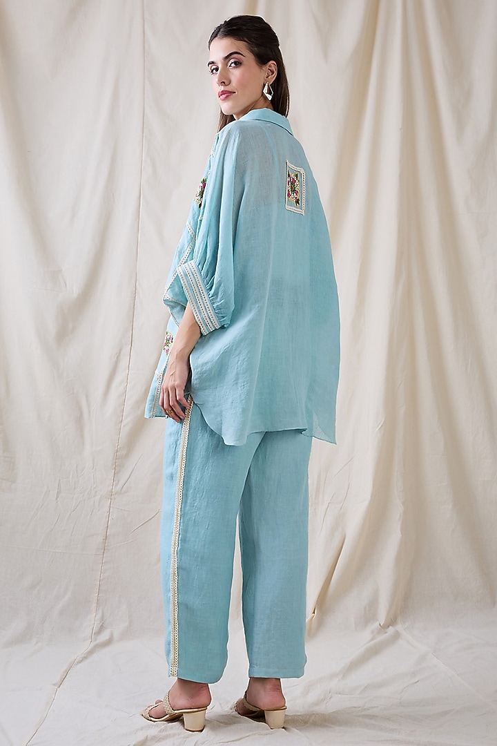 Blue Linen Applique Embellished Co-Ord Set by Soup by Sougat Paul at Pernia's Pop Up Shop