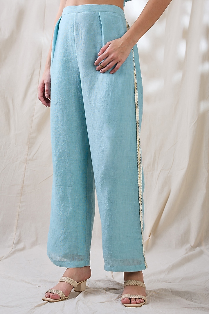 Blue Linen Applique Embellished Co-Ord Set by Soup by Sougat Paul at Pernia's Pop Up Shop