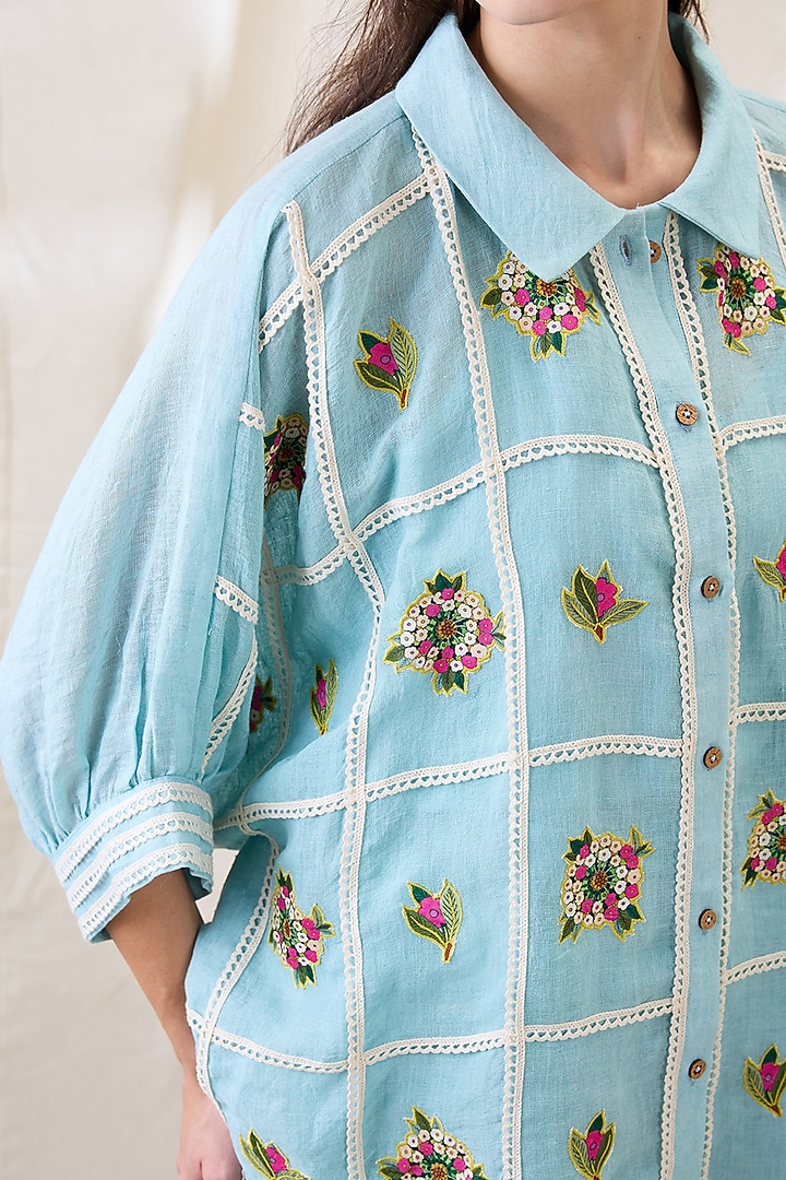 Blue Linen Applique Embellished Co-Ord Set by Soup by Sougat Paul at Pernia's Pop Up Shop