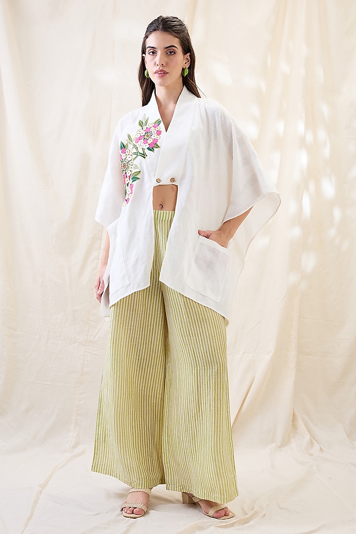 White Linen Applique Work Co-Ord Set by Soup by Sougat Paul at Pernia's Pop Up Shop
