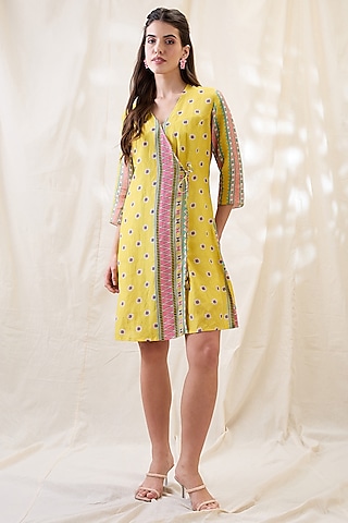 Yellow Linen Printed Overlapped Dress by Soup by Sougat Paul