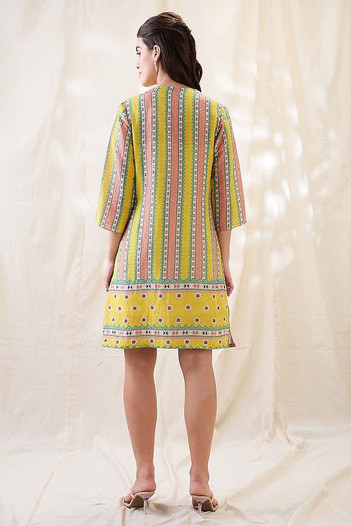 Yellow Linen Printed Overlapped Summer Dress by Soup by Sougat Paul at Pernia's Pop Up Shop