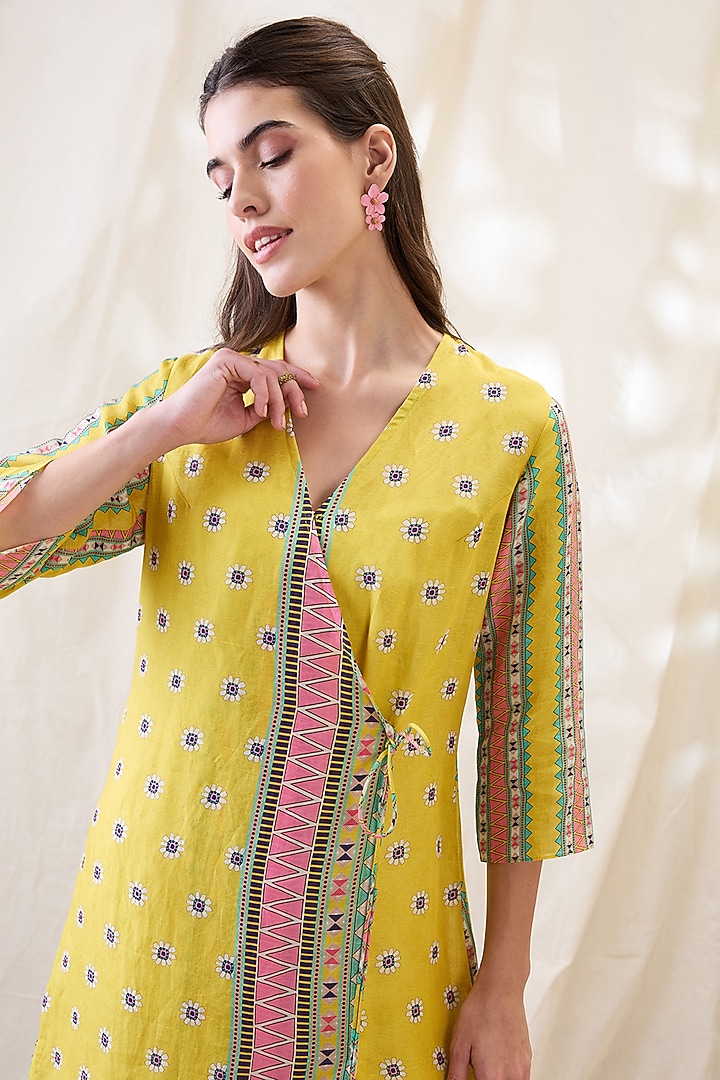 Yellow Linen Printed Overlapped Summer Dress by Soup by Sougat Paul at Pernia's Pop Up Shop