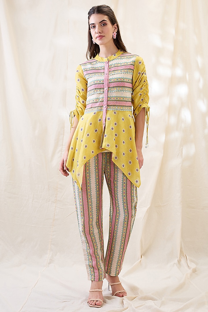 Yellow Linen Embellished Co-Ord Set by Soup by Sougat Paul at Pernia's Pop Up Shop