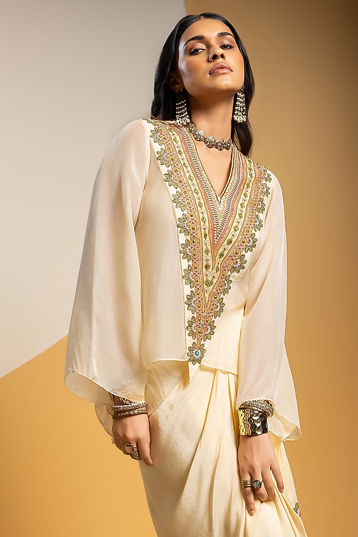 Off-White Crepe Printed Draped Skirt Set by Soup by Sougat Paul at Pernia's Pop Up Shop