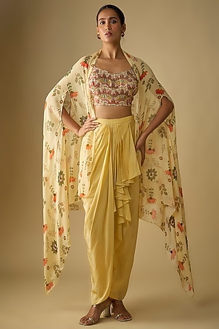 Beige Crepe Draped Skirt Set by Soup by Sougat Paul