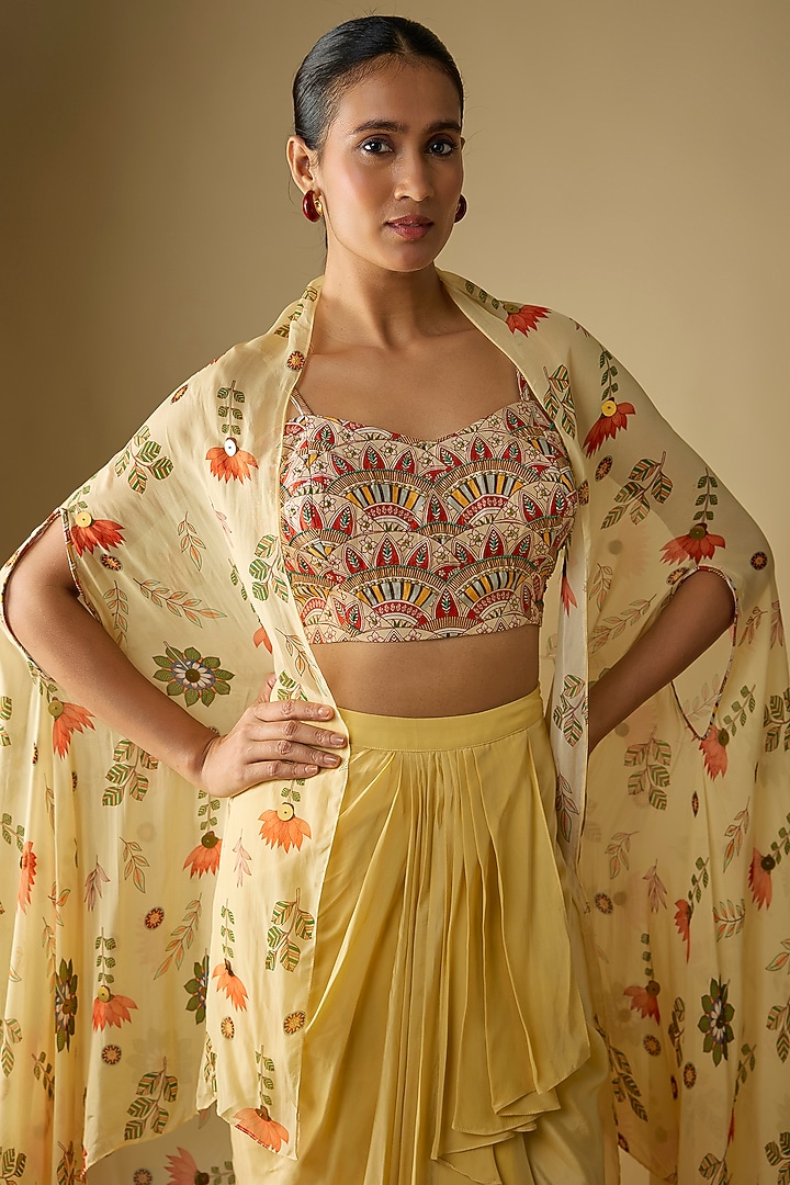 Beige Crepe Draped Skirt Set by Soup by Sougat Paul at Pernia's Pop Up Shop