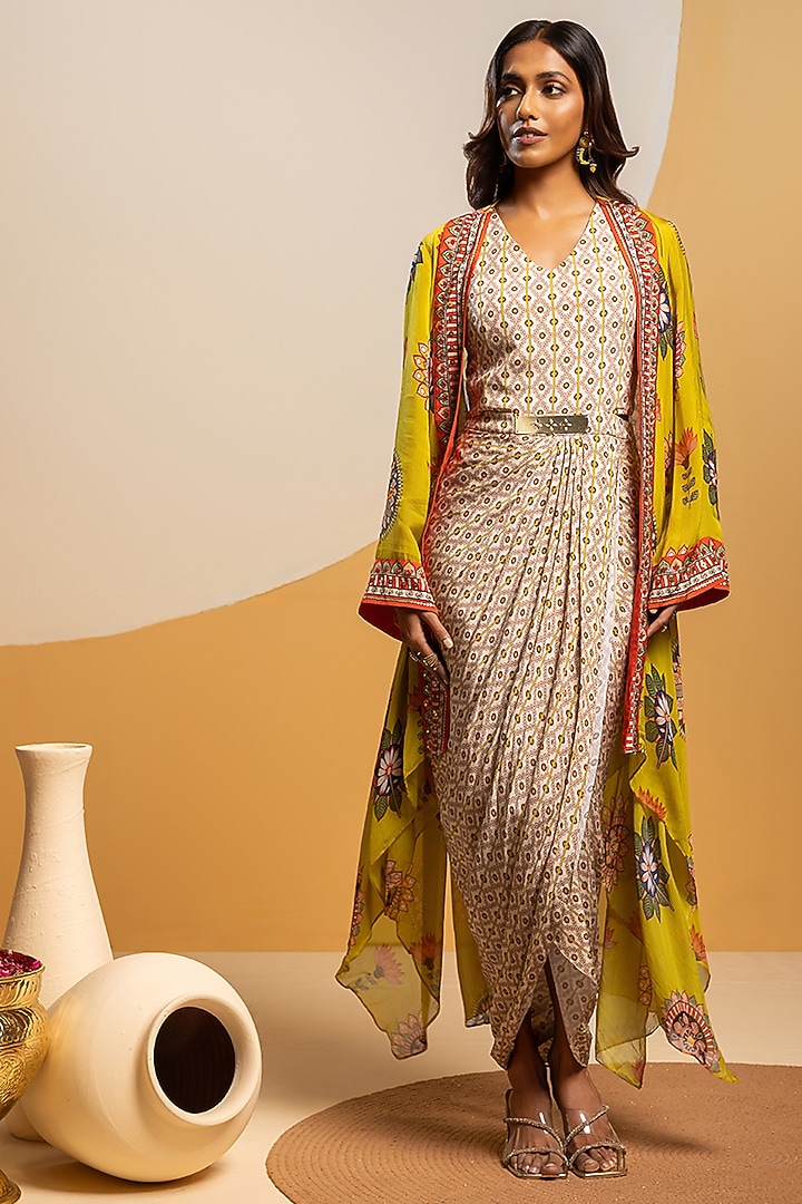 Multi-Colored Satin Printed Jacket Vacation Dress by Soup by Sougat Paul at Pernia's Pop Up Shop