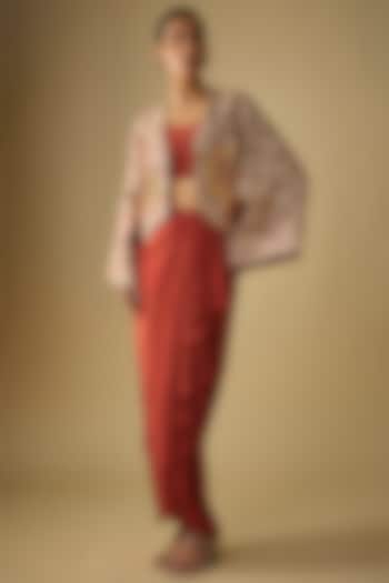 Red Crepe Draped Skirt Set by Soup by Sougat Paul at Pernia's Pop Up Shop