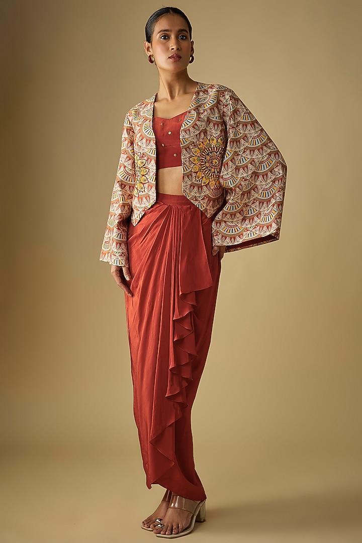 Red Crepe Draped Skirt Set by Soup by Sougat Paul at Pernia's Pop Up Shop