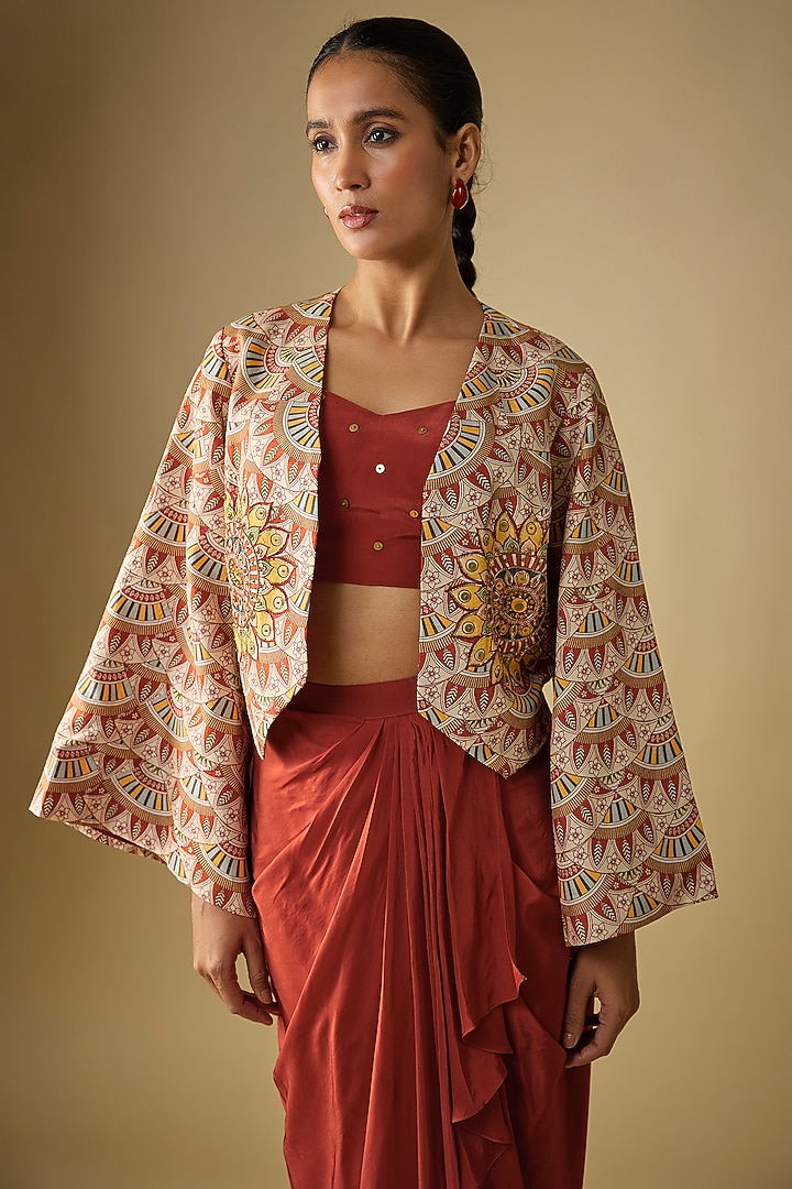 Red Crepe Draped Skirt Set by Soup by Sougat Paul at Pernia's Pop Up Shop