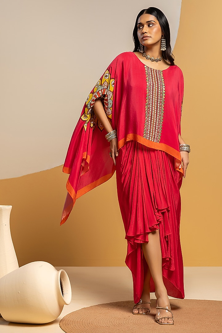 Pink Crepe Printed Draped Skirt Set by Soup by Sougat Paul at Pernia's Pop Up Shop