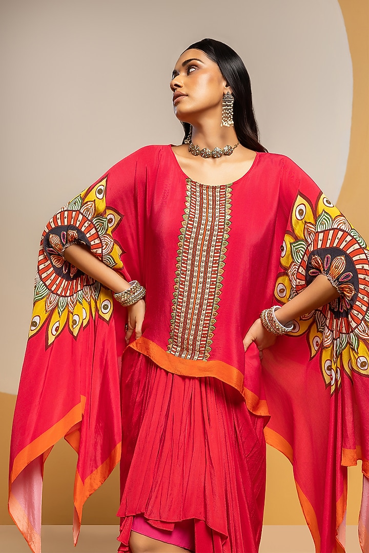 Pink Crepe Printed Draped Skirt Set by Soup by Sougat Paul at Pernia's Pop Up Shop