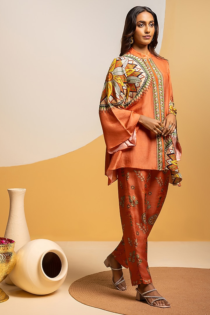 Rust Silk Printed Co-Ord Set by Soup by Sougat Paul at Pernia's Pop Up Shop
