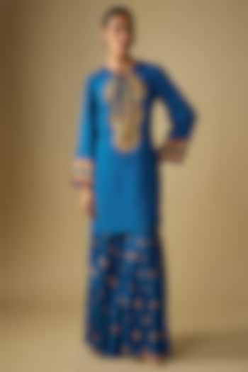 Blue Silk Embroidered Party Wear Sharara Set by Soup by Sougat Paul at Pernia's Pop Up Shop