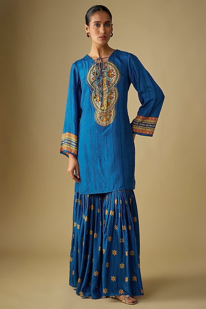 Blue Silk Embroidered Party Wear Sharara Set by Soup by Sougat Paul at Pernia's Pop Up Shop