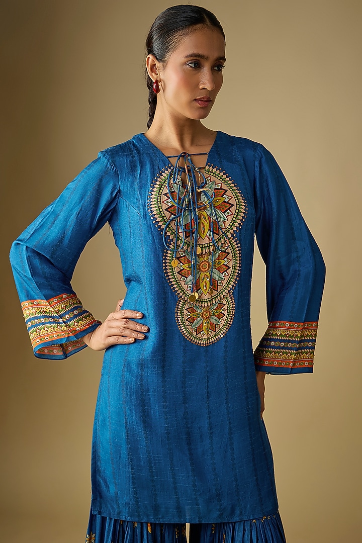 Blue Silk Embroidered Party Wear Sharara Set by Soup by Sougat Paul at Pernia's Pop Up Shop