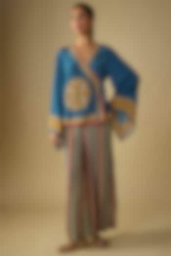 Blue Crepe Flared Pant Set by Soup by Sougat Paul at Pernia's Pop Up Shop