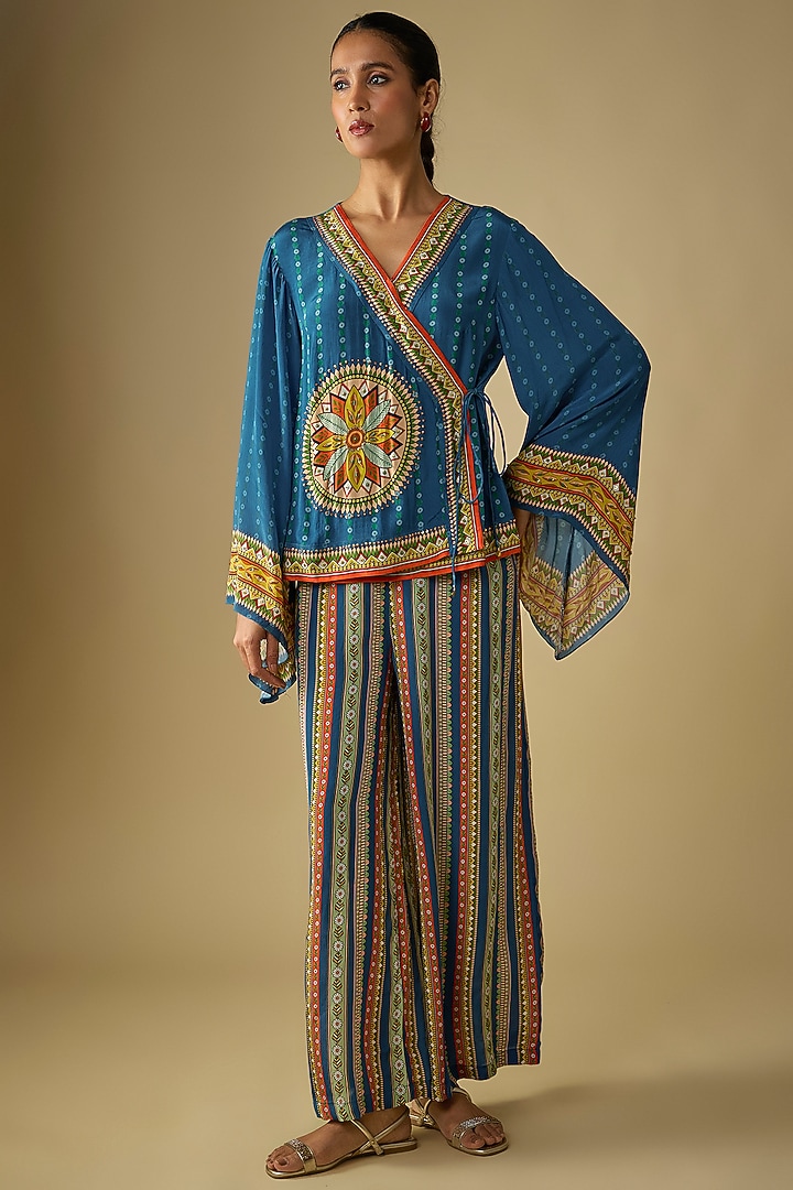 Blue Crepe Flared Pant Set by Soup by Sougat Paul at Pernia's Pop Up Shop