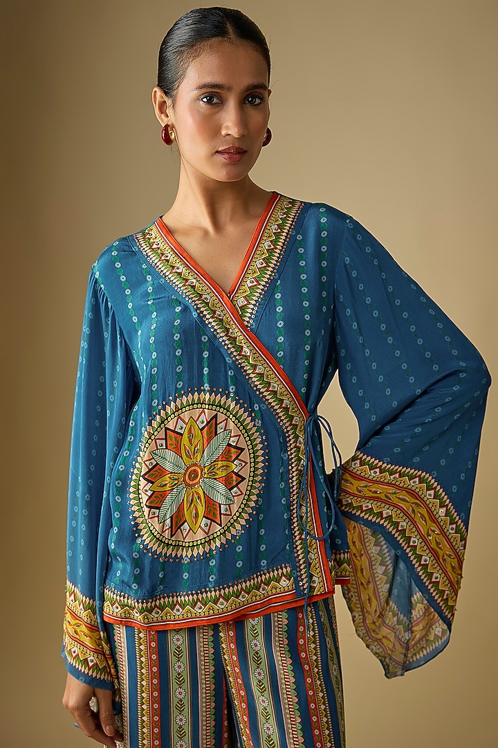 Blue Crepe Flared Pant Set by Soup by Sougat Paul at Pernia's Pop Up Shop
