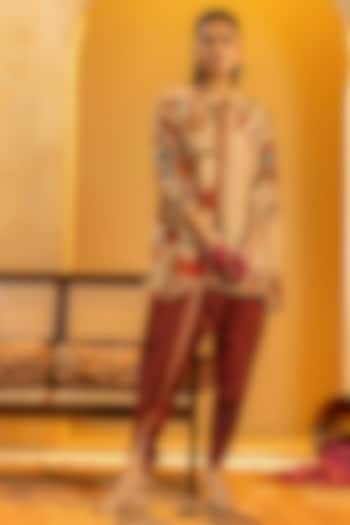 Beige & Maroon Cotton Silk Embellished Kurta Set by Soup by Sougat Paul at Pernia's Pop Up Shop