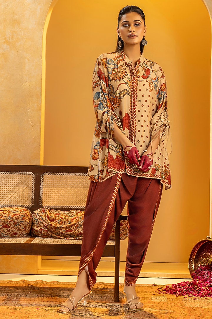 Beige & Maroon Cotton Silk Embellished Kurta Set by Soup by Sougat Paul at Pernia's Pop Up Shop