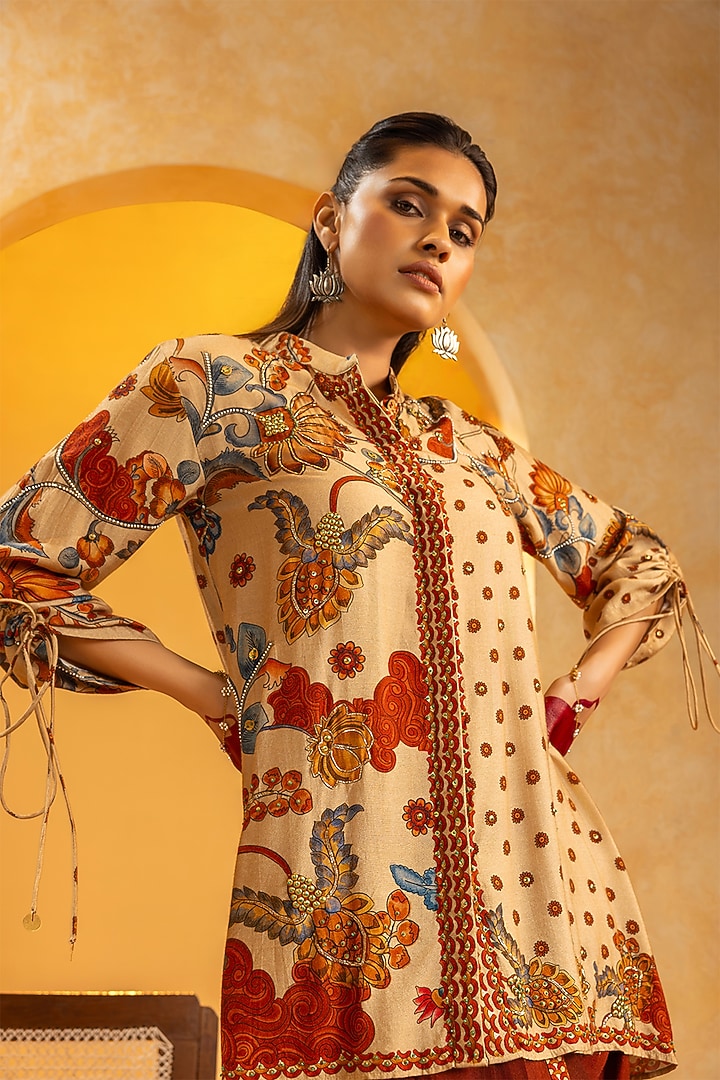 Beige & Maroon Cotton Silk Embellished Kurta Set by Soup by Sougat Paul at Pernia's Pop Up Shop