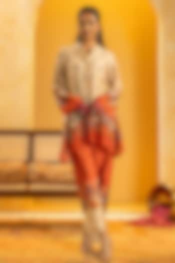 Beige & Maroon Chanderi Embroidered Kurta Set by Soup by Sougat Paul at Pernia's Pop Up Shop