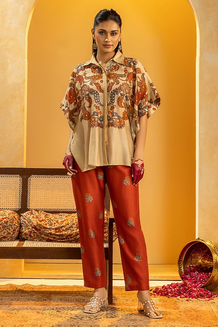 Beige & Maroon Chanderi Embellished Co-Ord Set by Soup by Sougat Paul at Pernia's Pop Up Shop