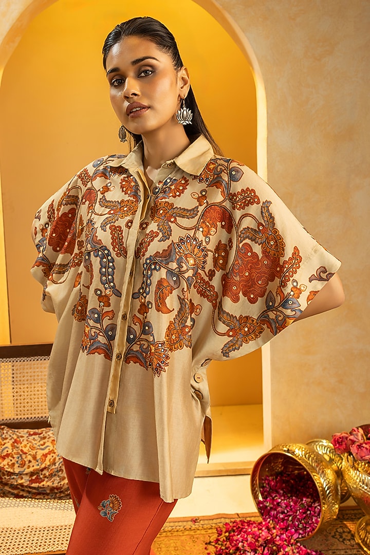 Beige & Maroon Chanderi Embellished Co-Ord Set by Soup by Sougat Paul at Pernia's Pop Up Shop