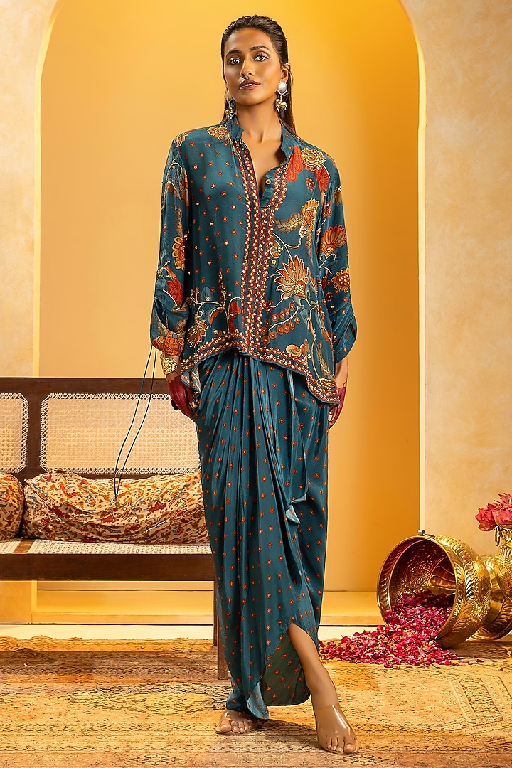 Blue Crepe Printed Skirt Set by Soup by Sougat Paul at Pernia's Pop Up Shop