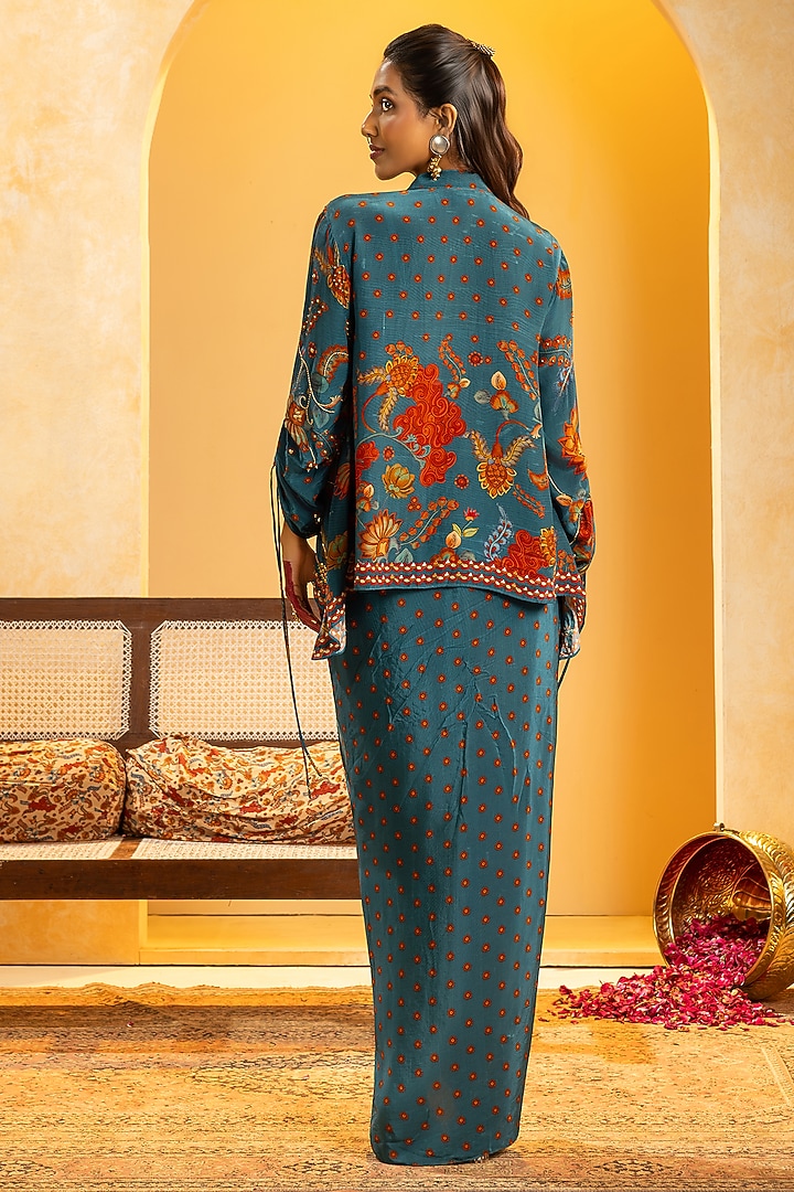 Blue Crepe Printed Skirt Set by Soup by Sougat Paul at Pernia's Pop Up Shop