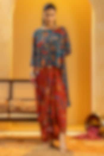 Red Crepe Printed Skirt Set by Soup by Sougat Paul at Pernia's Pop Up Shop