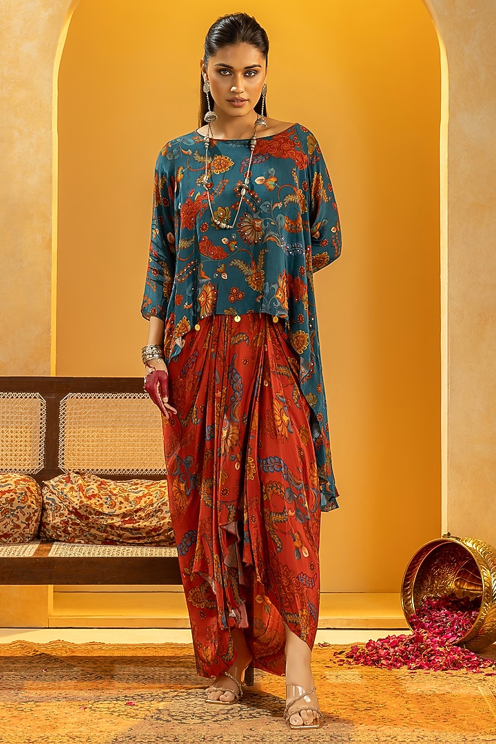 Red Crepe Printed Skirt Set by Soup by Sougat Paul at Pernia's Pop Up Shop