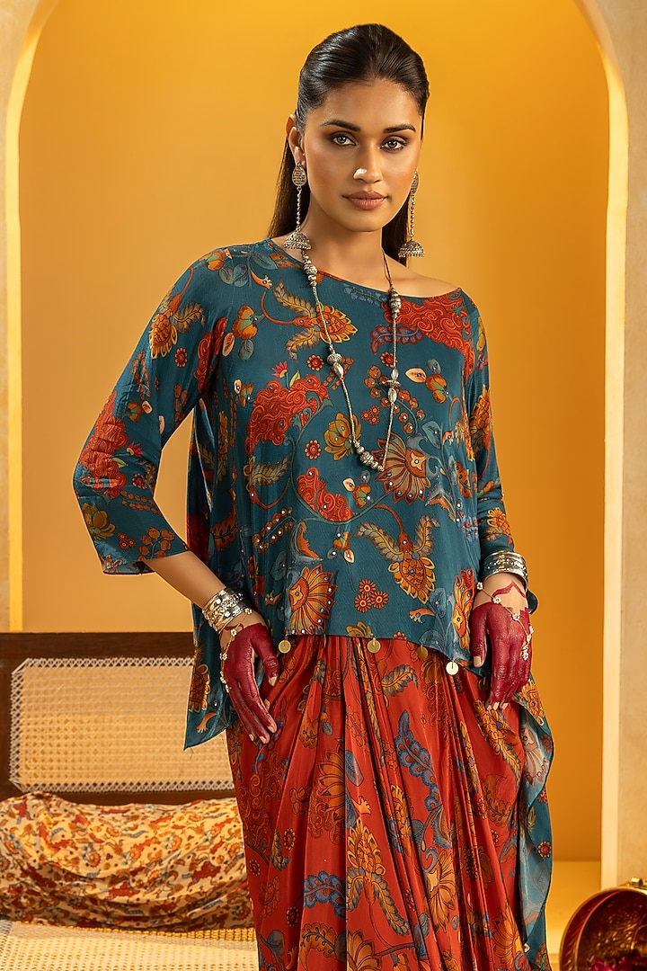 Red Crepe Printed Skirt Set by Soup by Sougat Paul at Pernia's Pop Up Shop