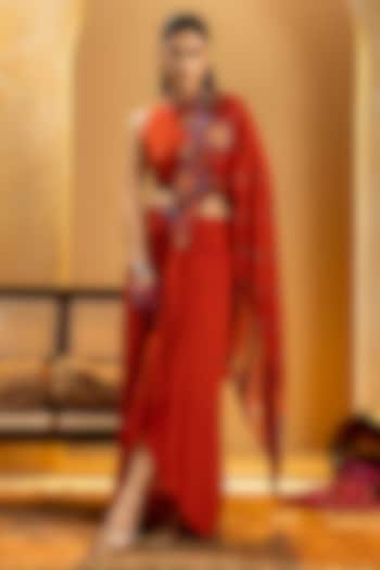 Maroon Crepe Applique Work Pre-Stitched Party Wear Saree Set by Soup by Sougat Paul at Pernia's Pop Up Shop