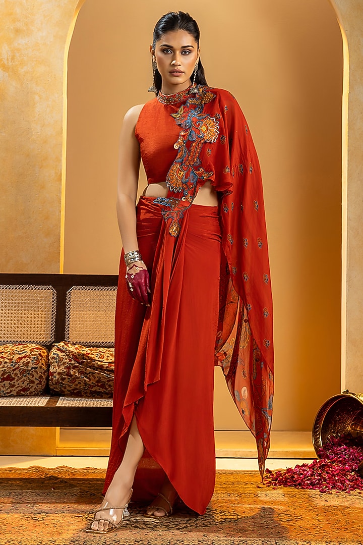 Maroon Crepe Applique Work Pre-Stitched Party Wear Saree Set by Soup by Sougat Paul at Pernia's Pop Up Shop