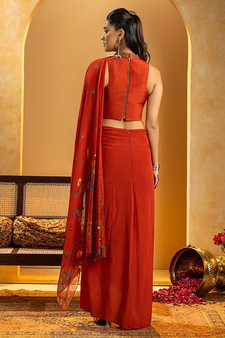 Maroon Crepe Applique Work Pre-Stitched Party Wear Saree Set by Soup by Sougat Paul at Pernia's Pop Up Shop
