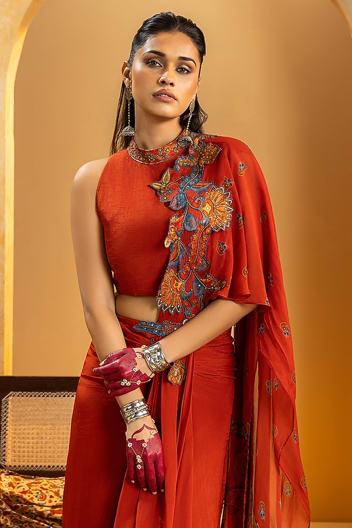 Maroon Crepe Applique Work Pre-Stitched Party Wear Saree Set by Soup by Sougat Paul at Pernia's Pop Up Shop