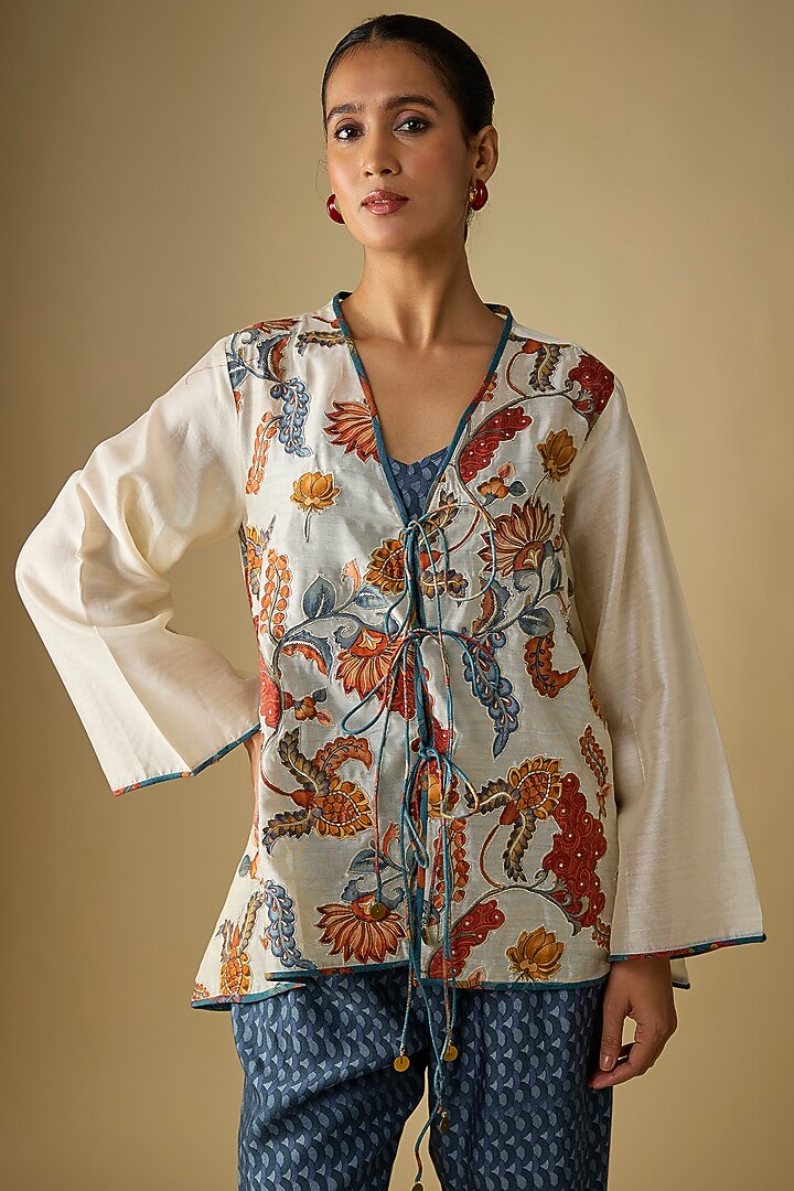 White & Blue Silk Printed Co-Ord Set by Soup by Sougat Paul at Pernia's Pop Up Shop