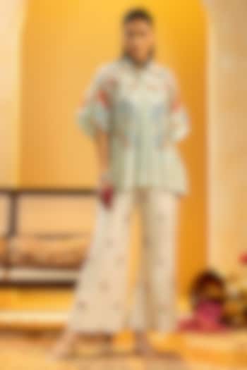 Blue Chanderi Embellished & Printed Co-Ord Set by Soup by Sougat Paul at Pernia's Pop Up Shop