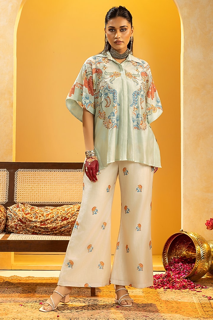 Blue Chanderi Embellished & Printed Co-Ord Set by Soup by Sougat Paul at Pernia's Pop Up Shop